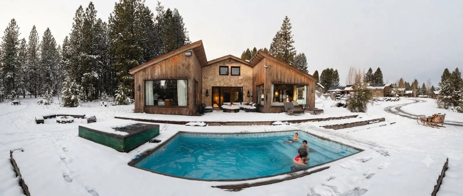 Huéspedes disfrutando la piscina climatizada de GabytaGolf en la nieve